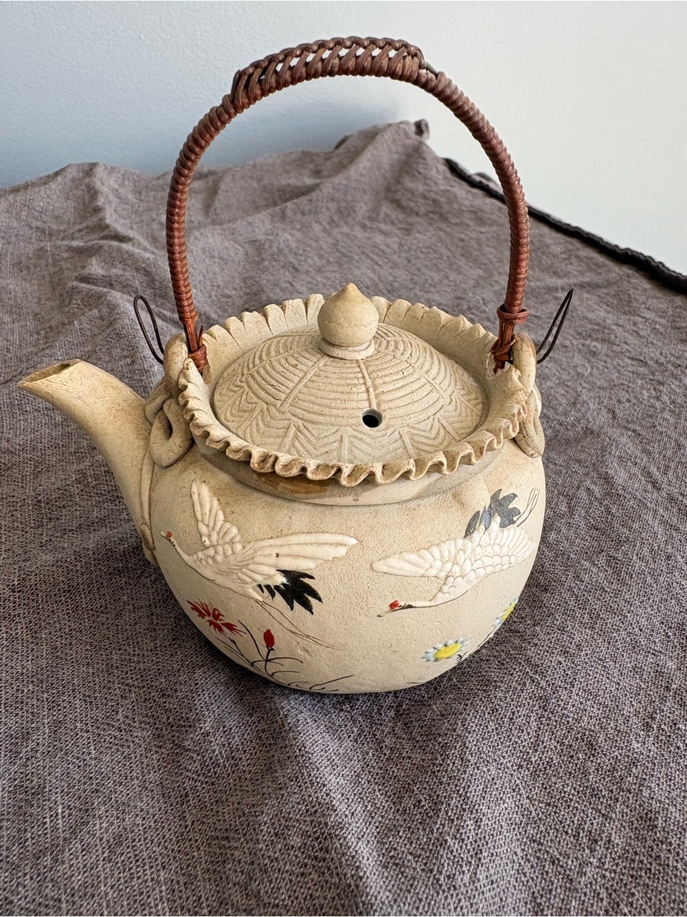 Hand-Painted Ceramic Crane Teapot in Beige